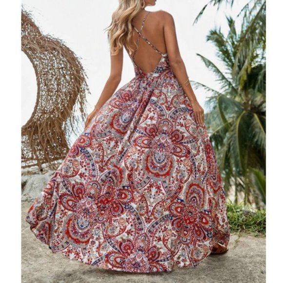 Multicolor Boho Womens Paisley Print Criss Cross Backless Cami Dress - Picture 3 of 7